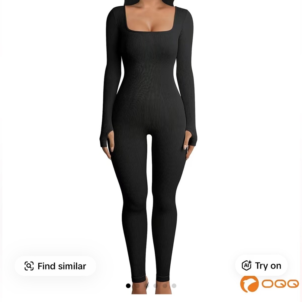 OQQ Black Ribbed Long Sleeve Jumpsuit